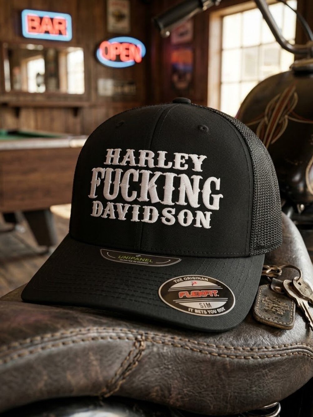 Harley cking Davidson Biker Hat Black Flexfit Mesh L XL Fitted Cap New USA Retro